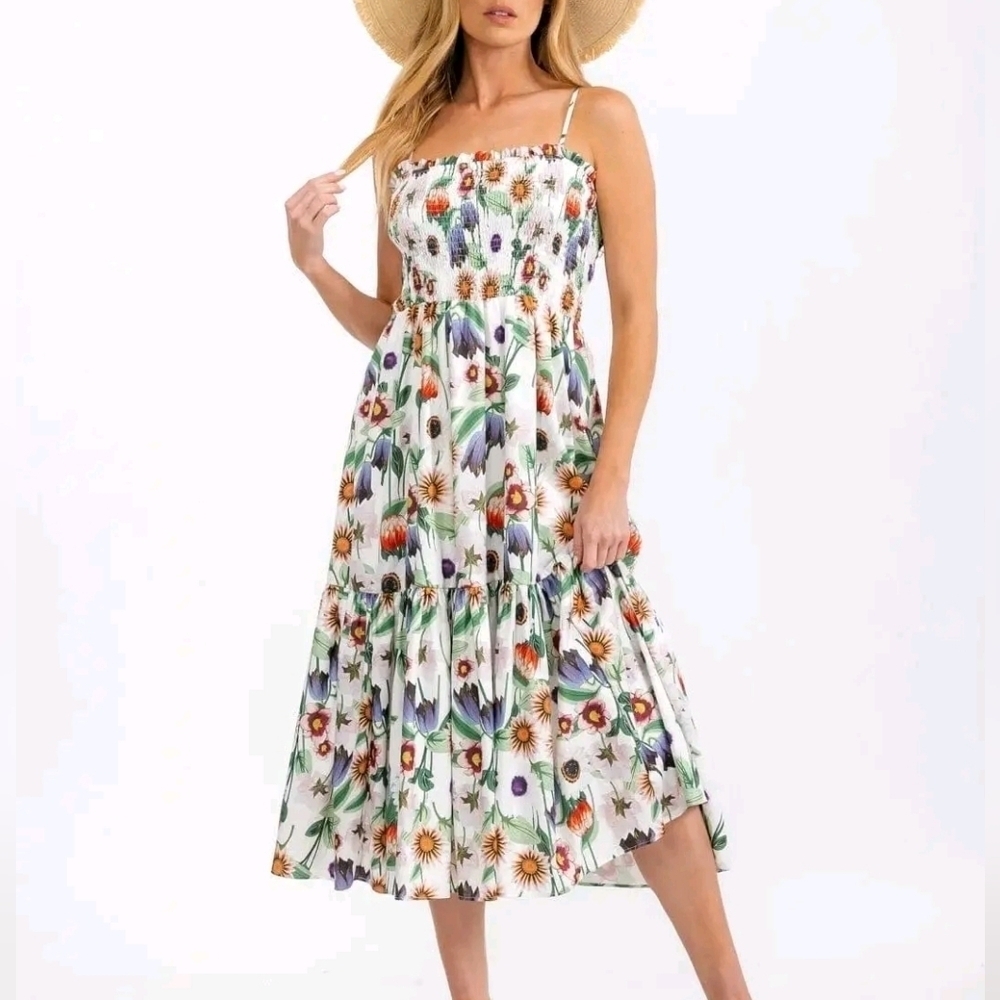 Retro Floral Print Sleeveless Smocked Tiered Prarie Midi Dress Cottage